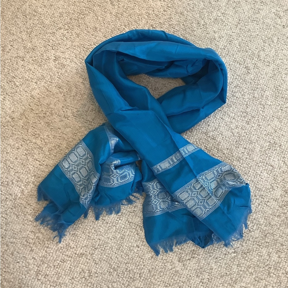 NEW Bright Blue Metallic Fringe Scarf Head Covering Africa Made OS